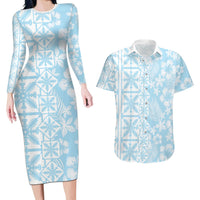 Pastel Blue Kahili Quilt Hawaii Couples Matching Long Sleeve Bodycon Dress and Hawaiian Shirt Tropical Flower Seamless Half Style