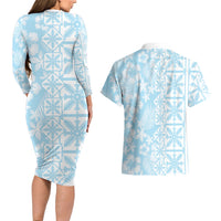 Pastel Blue Kahili Quilt Hawaii Couples Matching Long Sleeve Bodycon Dress and Hawaiian Shirt Tropical Flower Seamless Half Style