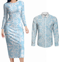 Pastel Blue Kahili Quilt Hawaii Couples Matching Long Sleeve Bodycon Dress and Long Sleeve Button Shirt Tropical Flower Seamless Half Style LT14 Blue - Polynesian Pride