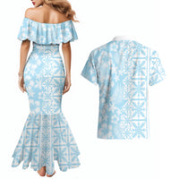 Pastel Blue Kahili Quilt Hawaii Couples Matching Mermaid Dress and Hawaiian Shirt Tropical Flower Seamless Half Style