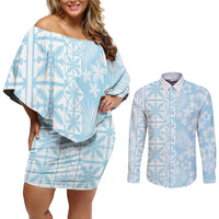 Pastel Blue Kahili Quilt Hawaii Couples Matching Off Shoulder Short Dress and Long Sleeve Button Shirt Tropical Flower Seamless Half Style LT14 Blue - Polynesian Pride