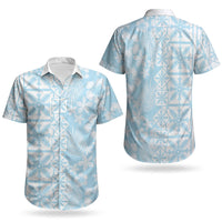 Pastel Blue Kahili Quilt Hawaii Couples Matching Off The Shoulder Long Sleeve Dress and Hawaiian Shirt Tropical Flower Seamless Half Style LT14 - Polynesian Pride