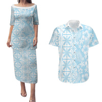Pastel Blue Kahili Quilt Hawaii Couples Matching Puletasi and Hawaiian Shirt Tropical Flower Seamless Half Style