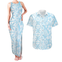 Pastel Blue Kahili Quilt Hawaii Couples Matching Tank Maxi Dress and Hawaiian Shirt Tropical Flower Seamless Half Style
