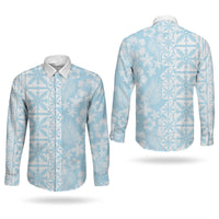 Pastel Blue Kahili Quilt Hawaii Couples Matching Tank Maxi Dress and Long Sleeve Button Shirt Tropical Flower Seamless Half Style LT14 - Polynesian Pride