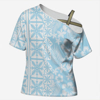 Pastel Blue Kahili Quilt Hawaii Cross Shoulder Shirt Tropical Flower Seamless Half Style