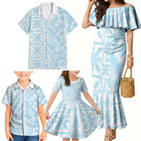 Pastel Blue Kahili Quilt Hawaii Family Matching Mermaid Dress and Hawaiian Shirt Tropical Flower Seamless Half Style LT14 - Polynesian Pride