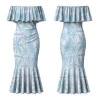 Pastel Blue Kahili Quilt Hawaii Family Matching Mermaid Dress and Hawaiian Shirt Tropical Flower Seamless Half Style LT14 Mom's Dress Blue - Polynesian Pride