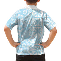 Pastel Blue Kahili Quilt Hawaii Family Matching Off Shoulder Short Dress and Hawaiian Shirt Tropical Flower Seamless Half Style
