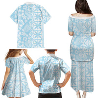 Pastel Blue Kahili Quilt Hawaii Family Matching Puletasi and Hawaiian Shirt Tropical Flower Seamless Half Style