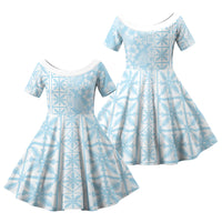 Pastel Blue Kahili Quilt Hawaii Family Matching Puletasi and Hawaiian Shirt Tropical Flower Seamless Half Style LT14 Daughter's Dress Blue - Polynesian Pride