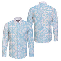 Pastel Blue Kahili Quilt Hawaii Family Matching Tank Maxi Dress and Hawaiian Shirt Tropical Flower Seamless Half Style LT14 Dad's Shirt - Long Sleeve Blue - Polynesian Pride