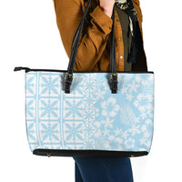Pastel Blue Kahili Quilt Hawaii Leather Tote Bag Tropical Flower Seamless Half Style