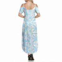 Pastel Blue Kahili Quilt Hawaii Summer Maxi Dress Tropical Flower Seamless Half Style LT14 - Polynesian Pride