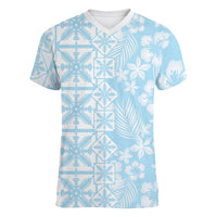 Pastel Blue Kahili Quilt Hawaii Women V-Neck T-Shirt Tropical Flower Seamless Half Style