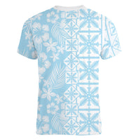 Pastel Blue Kahili Quilt Hawaii Women V-Neck T-Shirt Tropical Flower Seamless Half Style