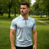 Pastel Blue Kahili Quilt Hawaii Zipper Polo Shirt Tropical Flower Seamless Half Style
