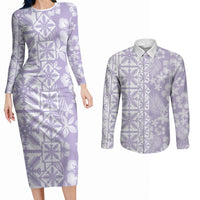 Pastel Purple Kahili Quilt Hawaii Couples Matching Long Sleeve Bodycon Dress and Long Sleeve Button Shirt Tropical Flower Seamless Half Style LT14 Purple - Polynesian Pride
