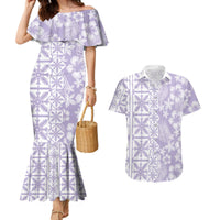 Pastel Purple Kahili Quilt Hawaii Couples Matching Mermaid Dress and Hawaiian Shirt Tropical Flower Seamless Half Style