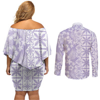Pastel Purple Kahili Quilt Hawaii Couples Matching Off Shoulder Short Dress and Long Sleeve Button Shirt Tropical Flower Seamless Half Style