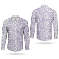 Pastel Purple Kahili Quilt Hawaii Couples Matching Off The Shoulder Long Sleeve Dress and Long Sleeve Button Shirt Tropical Flower Seamless Half Style LT14 - Polynesian Pride
