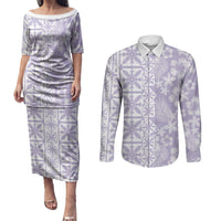 Pastel Purple Kahili Quilt Hawaii Couples Matching Puletasi and Long Sleeve Button Shirt Tropical Flower Seamless Half Style LT14 Purple - Polynesian Pride