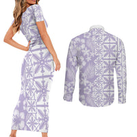 Pastel Purple Kahili Quilt Hawaii Couples Matching Short Sleeve Bodycon Dress and Long Sleeve Button Shirt Tropical Flower Seamless Half Style LT14 - Polynesian Pride