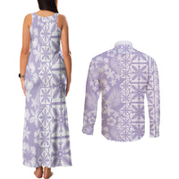Pastel Purple Kahili Quilt Hawaii Couples Matching Tank Maxi Dress and Long Sleeve Button Shirt Tropical Flower Seamless Half Style