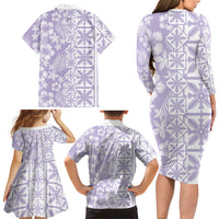 Pastel Purple Kahili Quilt Hawaii Family Matching Long Sleeve Bodycon Dress and Hawaiian Shirt Tropical Flower Seamless Half Style