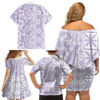Pastel Purple Kahili Quilt Hawaii Family Matching Off Shoulder Short Dress and Hawaiian Shirt Tropical Flower Seamless Half Style
