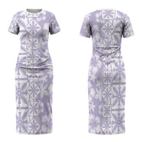 Pastel Purple Kahili Quilt Hawaii Family Matching Short Sleeve Bodycon Dress and Hawaiian Shirt Tropical Flower Seamless Half Style LT14 Mom's Dress Purple - Polynesian Pride