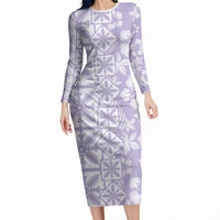 Pastel Purple Kahili Quilt Hawaii Long Sleeve Bodycon Dress Tropical Flower Seamless Half Style LT14 Long Dress Purple - Polynesian Pride