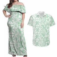 Pastel Green Kahili Quilt Hawaii Couples Matching Off Shoulder Maxi Dress and Hawaiian Shirt Tropical Flower Seamless Half Style