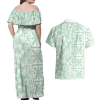 Pastel Green Kahili Quilt Hawaii Couples Matching Off Shoulder Maxi Dress and Hawaiian Shirt Tropical Flower Seamless Half Style