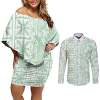 Pastel Green Kahili Quilt Hawaii Couples Matching Off Shoulder Short Dress and Long Sleeve Button Shirt Tropical Flower Seamless Half Style