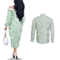 Pastel Green Kahili Quilt Hawaii Couples Matching Off The Shoulder Long Sleeve Dress and Long Sleeve Button Shirt Tropical Flower Seamless Half Style LT14 - Polynesian Pride