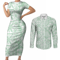 Pastel Green Kahili Quilt Hawaii Couples Matching Short Sleeve Bodycon Dress and Long Sleeve Button Shirt Tropical Flower Seamless Half Style LT14 Green - Polynesian Pride