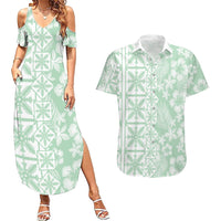 Pastel Green Kahili Quilt Hawaii Couples Matching Summer Maxi Dress and Hawaiian Shirt Tropical Flower Seamless Half Style