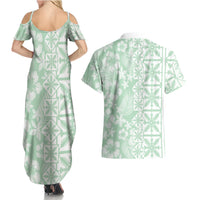 Pastel Green Kahili Quilt Hawaii Couples Matching Summer Maxi Dress and Hawaiian Shirt Tropical Flower Seamless Half Style