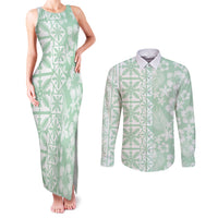 Pastel Green Kahili Quilt Hawaii Couples Matching Tank Maxi Dress and Long Sleeve Button Shirt Tropical Flower Seamless Half Style