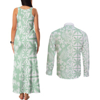 Pastel Green Kahili Quilt Hawaii Couples Matching Tank Maxi Dress and Long Sleeve Button Shirt Tropical Flower Seamless Half Style