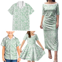 Pastel Green Kahili Quilt Hawaii Family Matching Puletasi and Hawaiian Shirt Tropical Flower Seamless Half Style LT14 - Polynesian Pride