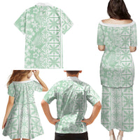 Pastel Green Kahili Quilt Hawaii Family Matching Puletasi and Hawaiian Shirt Tropical Flower Seamless Half Style