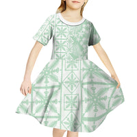 Pastel Green Kahili Quilt Hawaii Kid Short Sleeve Dress Tropical Flower Seamless Half Style LT14 - Polynesian Pride