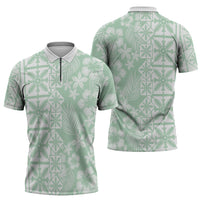 Pastel Green Kahili Quilt Hawaii Zipper Polo Shirt Tropical Flower Seamless Half Style LT14 - Polynesian Pride