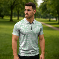 Pastel Green Kahili Quilt Hawaii Zipper Polo Shirt Tropical Flower Seamless Half Style LT14 - Polynesian Pride