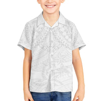 American Samoa White Sunday Family Matching Off The Shoulder Long Sleeve Dress and Hawaiian Shirt Lotu Tamaiti Plumeria With Samoan Pattern LT14 Son's Shirt White - Polynesian Pride