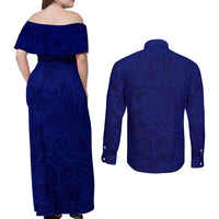 Blue Polynesia Couples Matching Off Shoulder Maxi Dress and Long Sleeve Button Shirt Polynesian Pattern Mix Plumeria