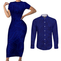 Blue Polynesia Couples Matching Short Sleeve Bodycon Dress and Long Sleeve Button Shirt Polynesian Pattern Mix Plumeria