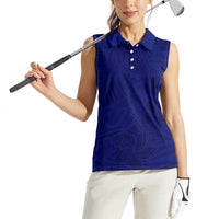 Blue Polynesia Women Sleeveless Polo Shirt Polynesian Pattern Mix Plumeria